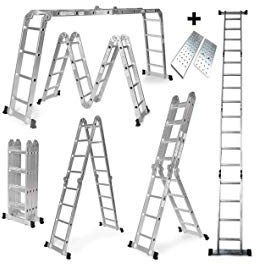 Escalera De Aluminio Plegable 575cm, Multifuncional 6 En 1, Andamio/Plataforma Incluida, Carga Máxima 150kg, Diseño Antideslizante, Tamaño Plegado 149x35x28cm