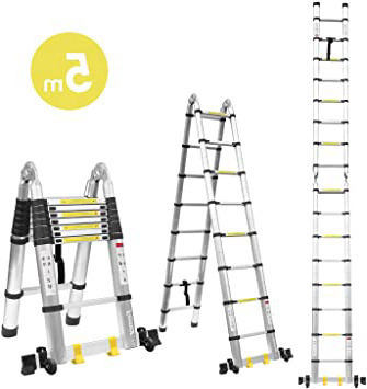 Fixkit 5M(2,5M+2,5m) Escalera Plegable Aluminio, Escalera Telescópica, Escalera Alta Multifuncional Portátil para Loft,16 Escalones Antideslizantes y Ruedas en Parte Inferior, 150kg