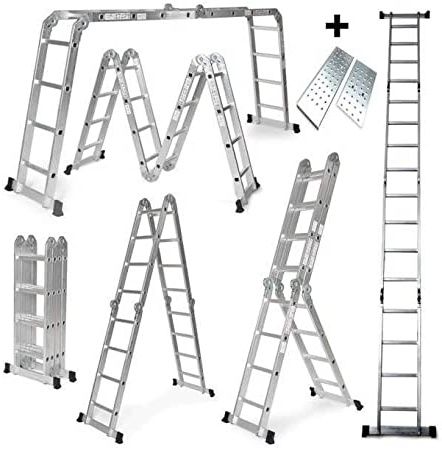 Escalera De Aluminio Plegable 475cm, Multifuncional 6 En 1, Andamio/Plataforma Incluida, Carga Máxima 150kg, Diseño Antideslizante, Tamaño Plegado 126x63x27cm