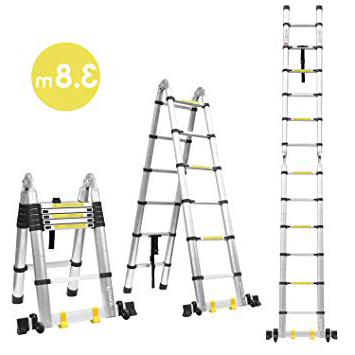 Fixkit 3.8M Escalera Plegable Aluminio, Escalera Telescópica(1,9M+1,9M), Escalera Alta Multifuncional Portátil para Loft,12 Escalones Antideslizantes y Ruedas en Parte Inferior, 150kg