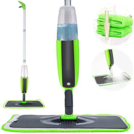 Spray Mop, Tencoz Fregona con vaporizador Integrado Limpiador de Ventanas y Escoba Barredora de Empuje Manual con Almohadilla de Microfibra Reutilizable Aplicable en Seco y Húmedo Limpieza(300ml)