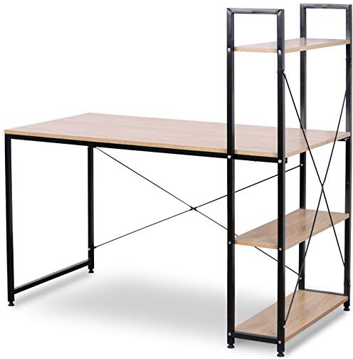 WOLTU Escritorio Escritorio de Computadora Muebles de Oficina Mesa de PC Mesa de Trabajo de Madera y Acero, con 4 Estante, Aprox.120x64x120cm Roble/Negro TSB01hei