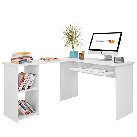 COMIFORT Escritorio Forma L - Mesa de Estudio con Estantería de Estructura Firme, Moderna y Minimalista con 2 Baldas Espaciosas y de Gran Capacidad, Color Blanco