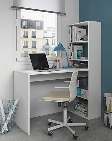 Habitdesign 008314A - Escritorio y estantería reversible, mesa de oficina o estudio acabada en color Blanco, 144 x 120 x 53 cm