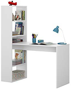 Habitdesign 008314MO - Escritorio y estantería reversible, mesa de oficina o estudio acabada en color Blanco, 144 x 120 x 53 cm