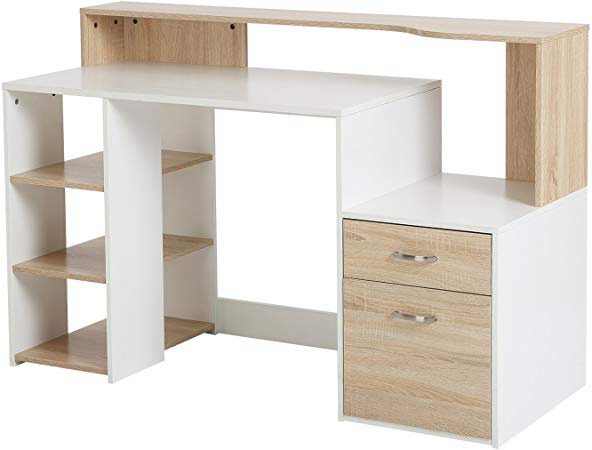 HOMCOM Mesas Ordenador Madera Blanco+Roble 140x55x92cm