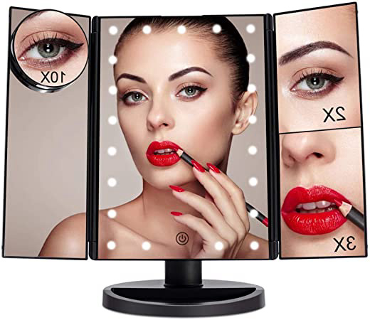 FASCINATE Espejo Maquillaje con Luz, Espejo de Mesa Tríptica Espejo con Aumentos 10x, 3X, 2X, 1x Iluminacíon 21 Led Pantalla táctil Lámparas Rotación de 180° Espejo Cosmético Carga con USB o Batería