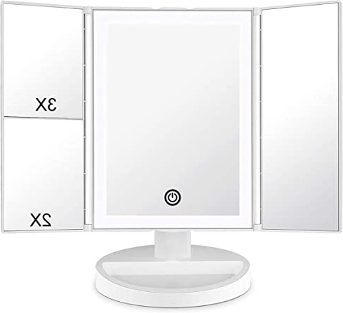 Espejo Maquillaje,WEILY Espejo Cosmético,Luz ajustable con LED,Tríptica Aumentos 1X, 2X, 3X, Rotación ajustable de 180 °, fuente de alimentación doble, espejo cosmético encimera