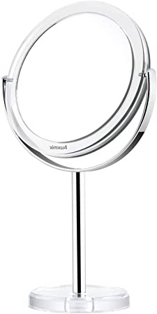 Auxmir Espejo de Maquillaje con Aumento 1X / 10X, Espejo Cosmético de Doble Cara, Espejo de Mesa con Rotación de 360° para Maquillaje, Afeitado y Cuidado Facial, Plata
