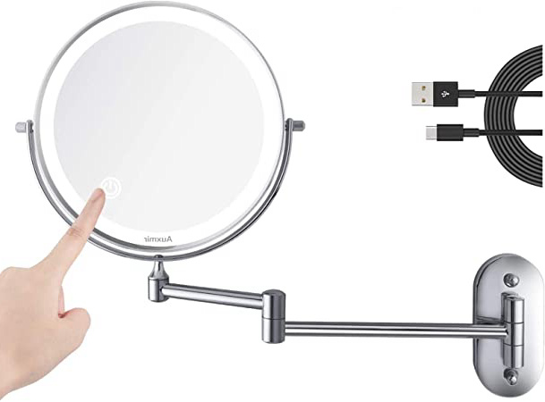 Auxmir Espejo Maquillaje con Luz LED Aumento 1X/10X Espejo Cosmético Iluminoso de Doble Cara, 360 Rotación, Recargable USB, Extensible de Pared para Baño, Tocador, Hotel, Plata
