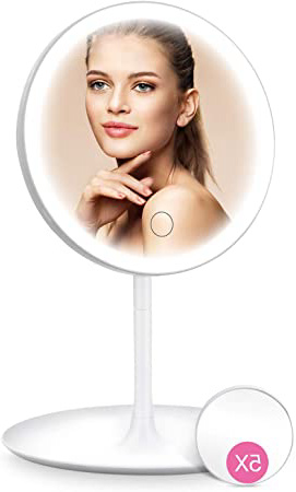 HOCOSY Espejo Maquillaje con luz Espejo Maquillaje con Espejo Aumento 5X, Espejo tocador con luz,Espejo Cosmético Pantalla Táctil de Mesa con 3 Modos de Color, rotación de 90°, Carga con USB