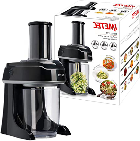 Imetec SP 100 Spiralizer eléctrico, rebanador de verduras en espiral, rebanador de verduras en 3 formas Spaghetti, Tagliatelle, Pappardelle, acero inoxidable, sin BPA 500 ml, sistema de seguridad