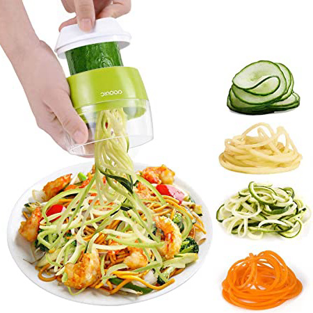 Adoric Cortador de Verdura 4 en 1 Rallador de Verduras Calabacin Pasta Espiralizador Vegetal Veggetti Slicer Pepino, Espaguetis de Calabacin, Cortador Espiral Manual (Verde)