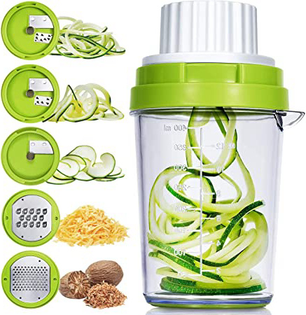 ADORIC Cortador de Verdura 5 en 1 Rallador de Verduras Calabacin Pasta Espiralizador Vegetal Veggetti Slicer Pepino, Espaguetis de Calabacin, Cortador Espiral Manual (Verde)
