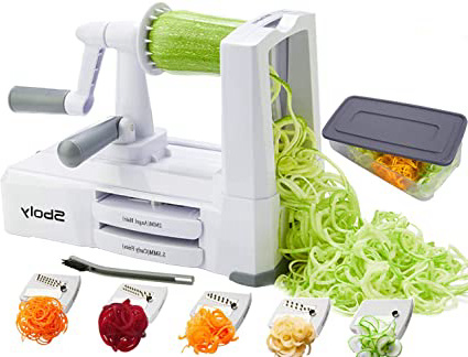 Sboly Espiralizador de verduras con 5 cuchillas,spiralizer vegetal con contenedor, Espaguetis de Calabacin, Cortador Espiral Manual, Para triturar, Tallarines,Cintas o Fideos