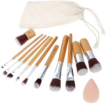 Rovtop 13 en 1, 11 Unidades Brochas y Pinceles de Maquillaje con Mango de Bambú/Juego de Cepillo de Maquillaje y Esponja para Maquillar, Incluido el Estuche