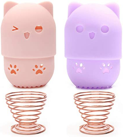 Soporte De Esponjas De Maquillaje, 2 Piezas Soporte De Esponja De Maquillaje + 2 Piezas Contenedor De Esponja Maquillaje, Soporte De Esponja De Maquillaje De Silicona Con Forma De Gato
