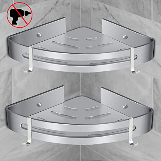 Estanteria Ducha Sin Taladros, RenFox Estantería Baño Esquina Estante Baño Adhesivo Rinconera Ducha Aluminio Estanteria Organizador Pared Para Baño y Cocina, con 4 Ganchos (Triangular, 2 Piezas)