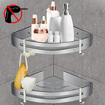 WOSTOO Estantería de Esquina para Baño,Estantería Ducha sin Perforaciones Aluminio Estanteria Baño Ducha con 2 Ganchos Accesorios de Baño y Cocina -2 piezas
