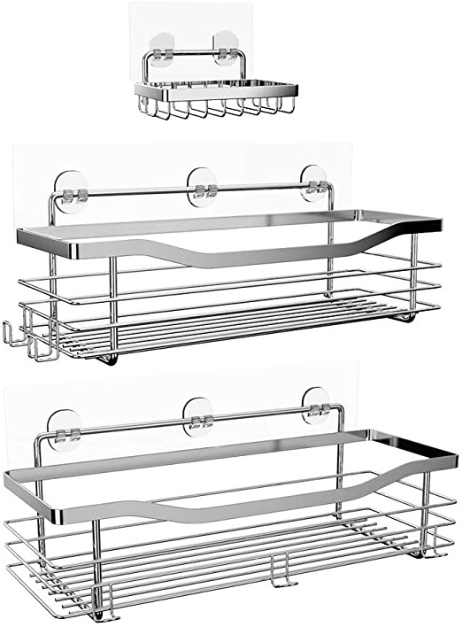 Orimade Adhesivo Estantes Cesta para Ducha Estanteria con 5 Colgadores Organizador Baño SUS304 Acero Inoxidable Sin Taladro - Pack de 3
