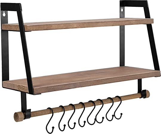 Vencipo Estantería de Pared de Madera para Organizador Especiero Cocina con 8 Ganchos Almacenaje, Estanteria Baño con Toalleros Accesorio, Estante Flotante para Decoracion Habitacion.