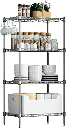Estantería Metálica de Almacenamiento y Organización, Cromada 4 Baldas Ajustable con Alturas Ajustables y 4 Ganchos Laterales 45 x 30 x 90 cm