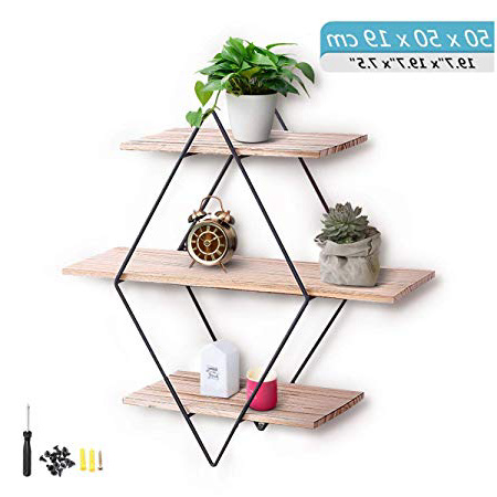 KING DO WAY Estantería de Pared Rombo Acero Inoxidable , Baldas Flotantes con 3 tabelettes Madera , Decorativa Retro Almacenaje / Salón / Dormitorio / Cocina / Café , 50 x 50 x 19 cm