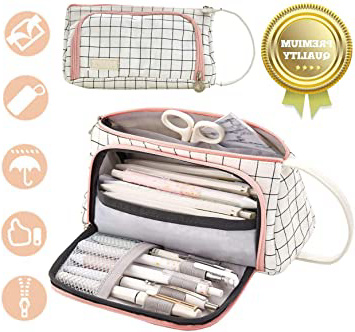 Estuche de lápices de lino de gran capacidad,Caja Case con Cremallera de Escolar,Estuche de lápices con 3 Compartimento para Niños Adolescente,Estuches Algodón y Lino Lápiz Cosmética (Blanco rayado)