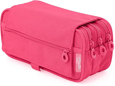 Estuche Portatodo Triple de Amplios Apartados Interiores con Cierre de Cremallera Individual (Fucsia)