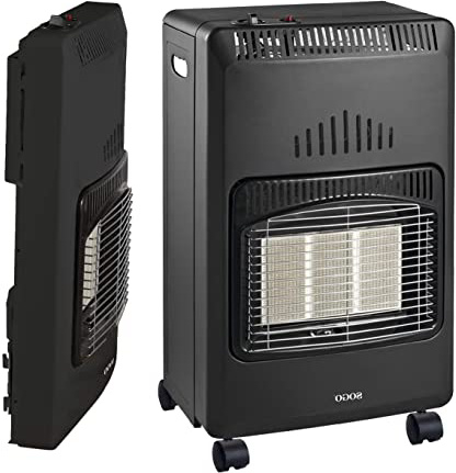 SOGO CAL-SS-18290 - Estufa de Cerámica Gas Butano, Plegable Para Almacenamiento,3 Potencias, Bombonas de 13 Kg, Triple Sistema de Seguridad, 5 Ruedas, 4200 W