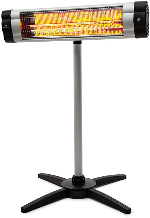 Blumfeldt Rising Sun Mono - Calefactor infrarrojo, Calefactor de exteriores, Distribuye el calor, 2500 W, Certificado IP34, Altura regulable, Motor de carbono, De pie o en la pared, Plateado