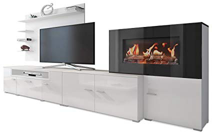 SelectionHome - Mueble salón comedor con chimenea eléctrica, acabado Blanco Mate y Blanco Brillo Lacado, medidas: 290 x 170 x 45 cm de fondo