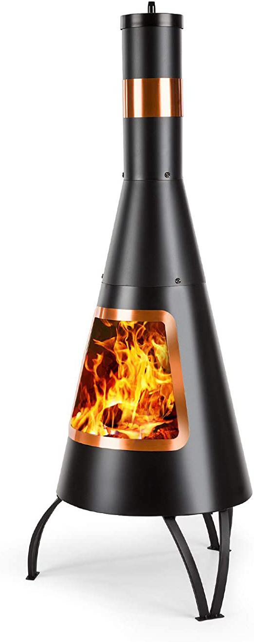 blumfeldt Volantis Cupric - Chimenea de Patio, Horno de terraza, FireView, Acero, Inoxidable, Diseño Moderno con Partes en Cobre, Estable, Antivuelco, Parrila para carbón y atizador, Negro