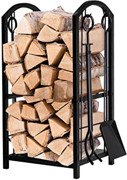 Amagabeli Estante para leña de Chimenea Estante de registro de Chimenea con 4 Herramientas de Chimenea 70x40x30cm Estante de leña Estufa de leña para Chimenea Titular de Registro de Chimenea Conjunto