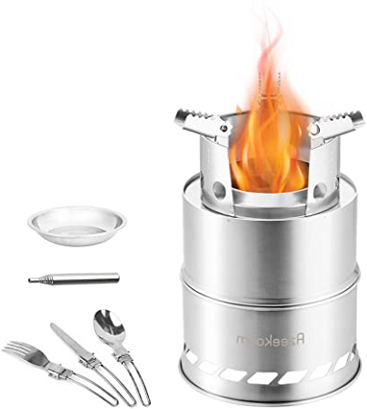 Azeekoom Estufa de Leña Camping, Hornillo Alcohol Portátil con Cuchillo Plegable Tenedor Cuchara Fuelle de Fuego para Excursionismo al Aire Libre Senderismo Senderismo Picnic Barbacoa
