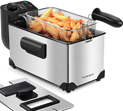 Aigostar Ushas 30HEZ - Freidora de 3 litros, 2200 watios de potencia y tapa con ventana de visualización. Acero inoxidable de tipo 304 y recipiente totalmente extraíble para vaciado de aceite