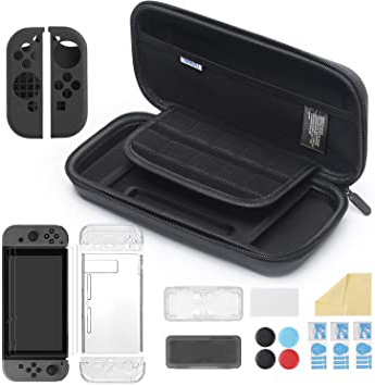 iAmer 11 en 1 Accesorios para Nintendo Switch, con Funda para Nintendo Switch+Funda Transparente+3 Protector de Pantalla+Funda de Silicona +4 Pulgar Grips+2 Estuche De Juegos+Paño de Limpieza