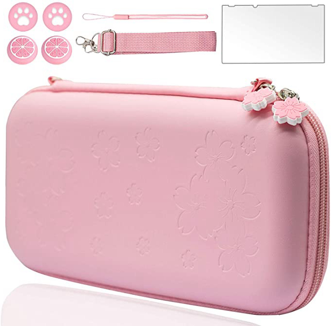 BRHE - Funda de viaje para Nintendo Switch, color rosa, resistente a los golpes, resistente al agua, con protector de pantalla de cristal y tapas de agarre para el pulgar (rosa)