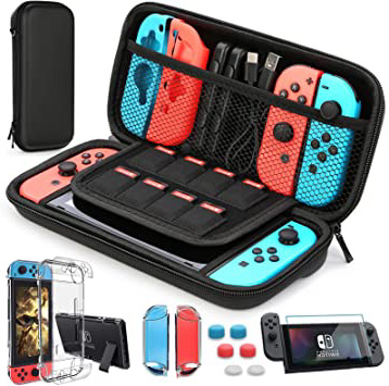 HEYSTOP Nintendo Switch Accesorio, Nintendo Switch Funda + Funda de Transporte para Nintendo Switch + Nintendo Switch Protector de Pantalla + Apretones de Pulgar