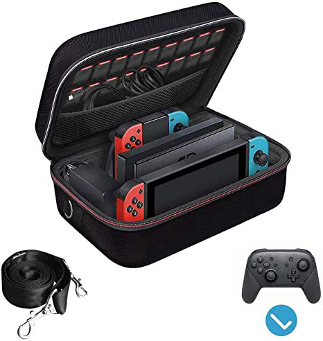 ivoler Funda para Nintendo Switch, Estuche Dura de Transporte, Carcasa Rígida de Viaje para Consola, Adaptador AC, Joy-con Grip, Strap Joy-con, 18 Cartuchos de Juegos y Otros Accesorios