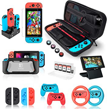 Kit de Accesorios 18 en 1para Nintendo Switch, con Protector de Pantalla, Soporte para Juegos, Tapa del Interruptor, Tapa del Joystick, protección del Cargador para Joy-con Joystick