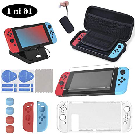 16 en 1 Kit de Accesorios para Nintendo Switch, Funda para Nintendo Switch con 10 Cartucho de Juego | Carcasa de Silicona y Plastico | Protector de Pantalla | Tapas para Joystick | Soporte Ajustable