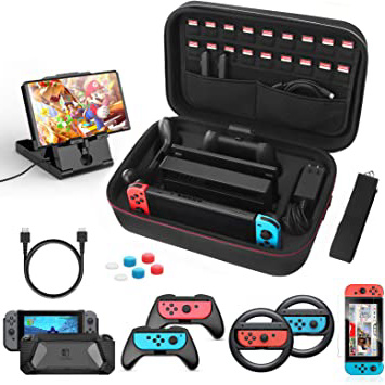 HEYSTOP Kit de Accesorios 12 en 1 para Nintendo Switch, con Funda de Transporte, TPU Cubierta Protectora, Joy-con Grip y Volante, Soporte,Protector de Pantalla, Apretones de Pulgar, Cable USB