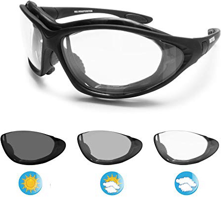 Bertoni Gafas de Moto Lentes Fotocromaticas Anti-Vaho - Patillas sustituibles con banda elastica - F333A Italy Negro Opaco - Gafas Motoristas Envolventes Anti-viento