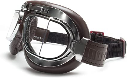 BERTONI Gafas Motoristas Lentes Antivaho y Antichoque - Perfil de Acero Cromado - AF193CRB Marron - Gafas para Cascos Moto Vintage Aviadoras para Harley y Chopper
