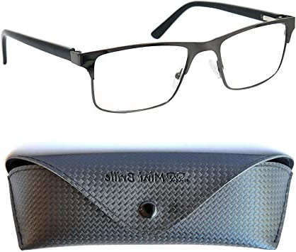 Gafas de Lectura con Cristales Rectangulares, Montura de Acero Inoxidable (Grafito), Funda GRATIS, Gafas Para Leer Hombre y Mujer +1.5 Dioptrías