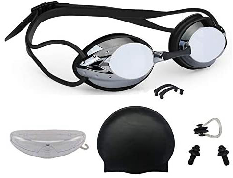 Gafas de Natación Negra. Antivaho. Resistentes Gafas para Nadar Bucear. Protección UV sin Fugas. Pack Clip de Nariz. Gorro de Baño. Tapones Natación. para Adultos Niños. Natación Piscina Playa