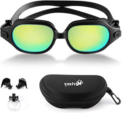 Merisny Adultos Gafas de Natación, Gafas para Nadar, Antiniebla Protección UV Sin Fugas con Correa Ajustable, Lente de Color Espejo, Enchufe de Oído, Clip para Nariz, Estuche de EVA