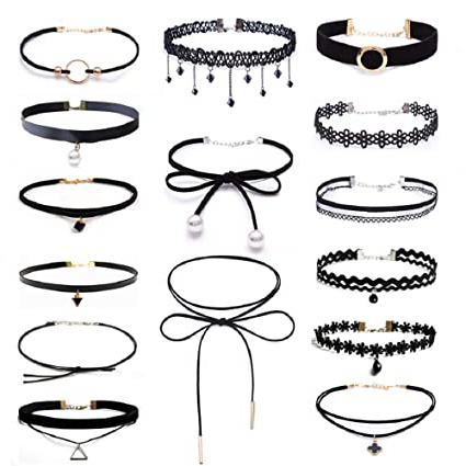 Set de 15 gargantillas negras, de estilo gótico, clásico, de terciopelo, elástico, de encaje, lazo