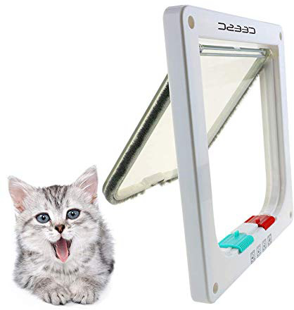 CEESC Puerta magnética para mascotas con puerta abatible y cerradura de 4 vías para gatos, gatitos y Perrito (S, Blanco)